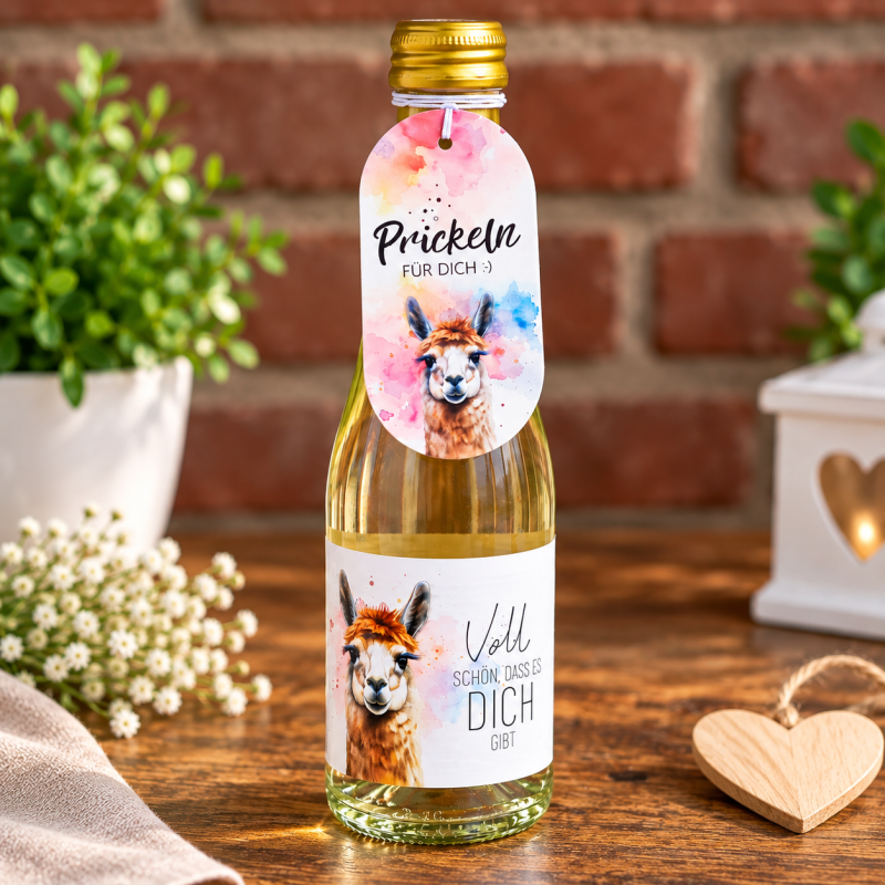 Preview: Geschenkflasche mit Alpaka-Motiv und Geschenkanhänger „Prickeln für Dich“