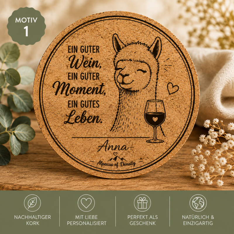 Personalisierter Kork-Untersetzer mit Alpaka-Motiv 1 und Namensgravur