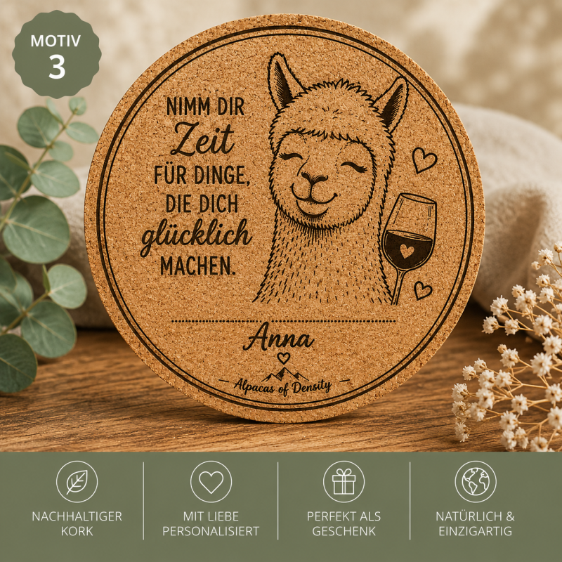 Preview: Personalisierter Kork-Untersetzer mit Alpaka-Motiv 3 und Namensgravur