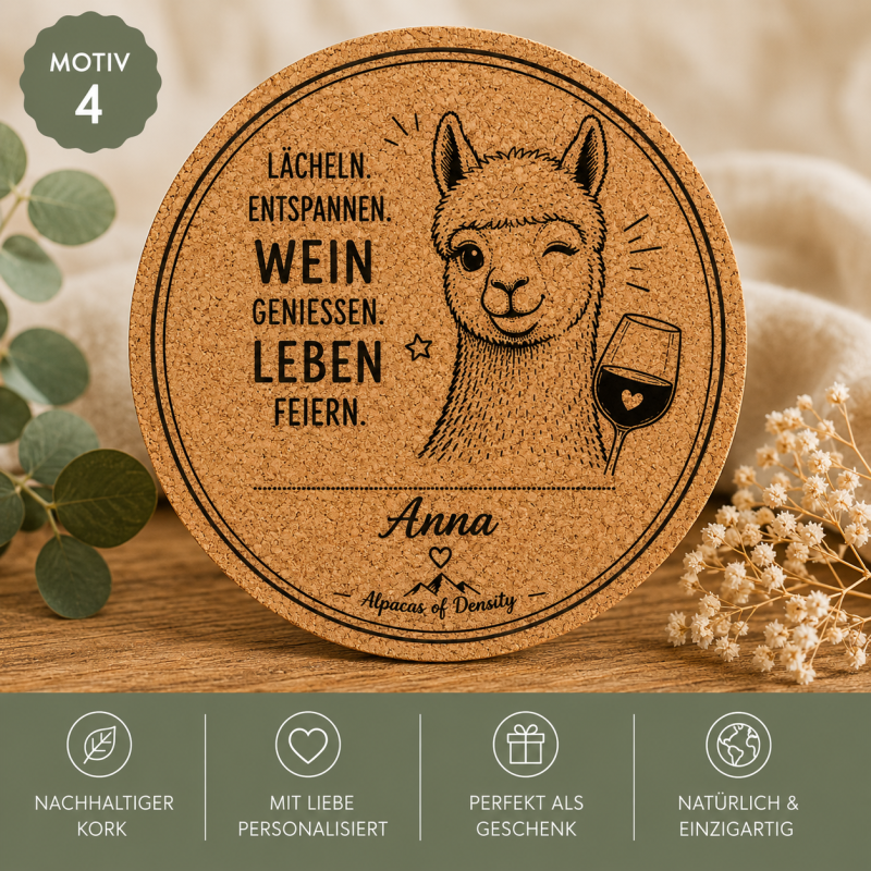 Preview: Personalisierter Kork-Untersetzer mit Alpaka-Motiv 4 und Namensgravur
