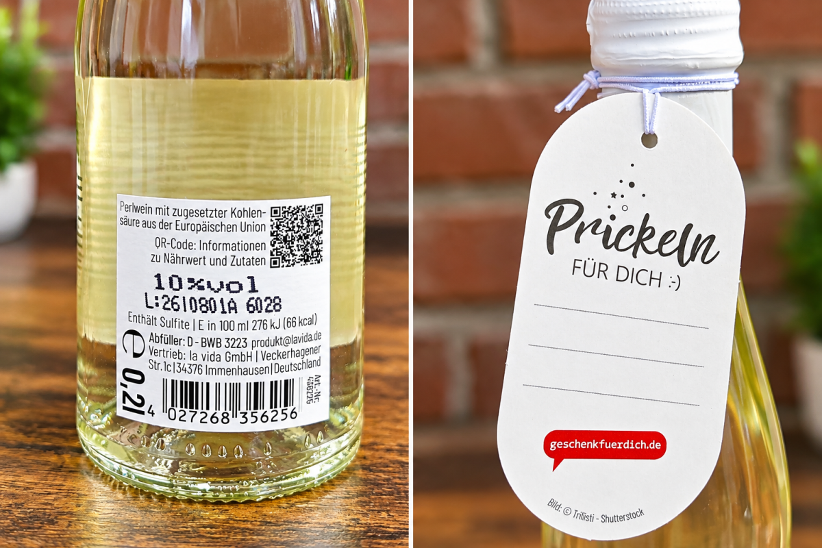 Rückseite der Geschenkflasche mit Produktinformationen und Geschenkanhänger